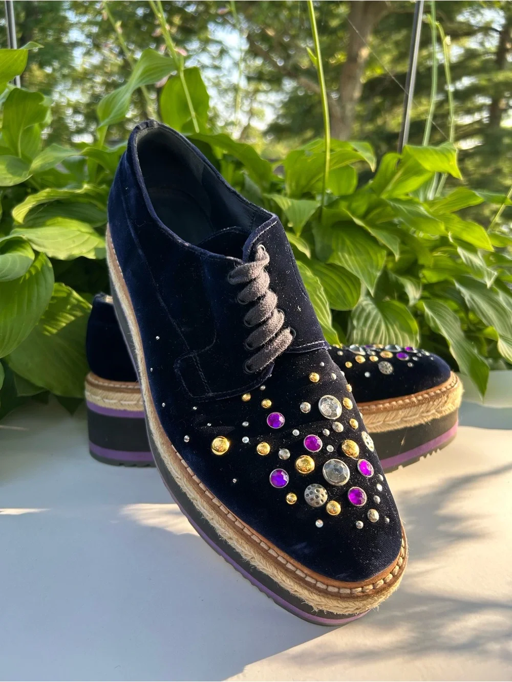 PRADA Velvet Platform Oxford Espadrille Embellished Crystals Shoes Size 40